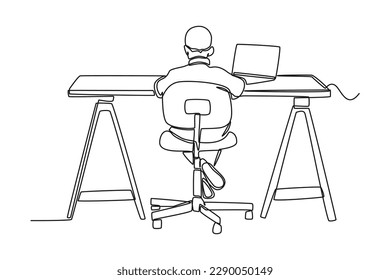 Continuous one line drawing rear view of the boy at work. Kids business activities concept. Single line draw design vector graphic illustration.