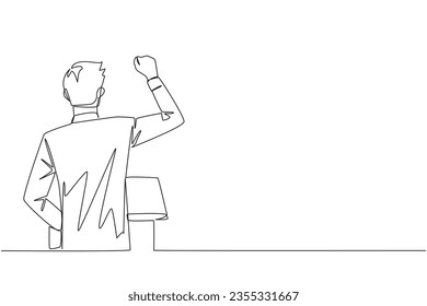 Continuous one line drawing rear view of a businessman speaking at the podium. Raising and clenching hands, he enthusiastically gave financial gain oration. Single line draw design vector illustration