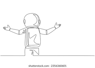 Continuous one line drawing rear view of astronaut speaking at the podium while opening hands. Style like successful motivator. Invite to increase business. Single line draw design vector illustration