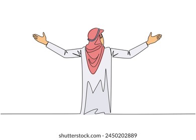 Continuous one line drawing rear view of Arabian businessman speaking at podium while opening hands. Style like successful motivator. Invite to increase business. Single line draw vector illustration
