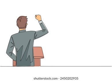 Durchgehende, eine Linie ziehende Rückansicht eines Geschäftsmannes, der auf dem Podium spricht. Er hob und ballte die Hände, gab er begeistert finanzielle Gewinn Rede. Vektorillustration des Zeichnens einer einzelnen Linie