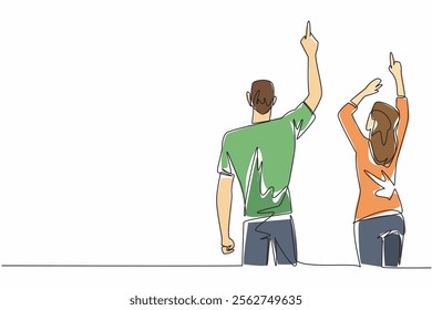 Continuous one line drawing rear view, a woman and a man in casual clothes, their hands pointing upwards. Beautiful spring. Aurora. Look Up at The Sky Day. Single line draw design vector illustration