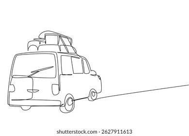 Continuous one line drawing rear view of the car carrying lot of luggage on the roof rack. Overland journey with plenty of supplies. National Road Trip Day. Single line draw design vector illustration