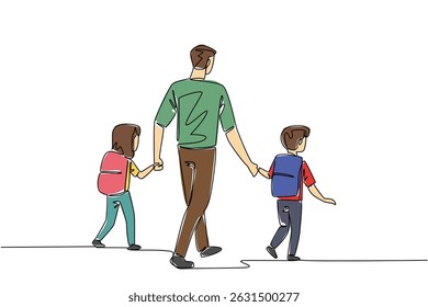 Continuous one line drawing rear view, a father holds son and daughter on his right and left. Walk leisurely to the school gate. Walk Safely To School Day. Single line draw design vector illustration