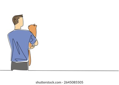 Continuous one line drawing rear view, a man in casual clothes hugging cat. Cat friendship with humans. Adorable behavior. International Hug Your Cat Day. Single line draw design vector illustration