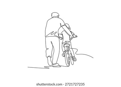 Uma linha contínua desenhando o pai e o filho da visão traseira enquanto se movem para a frente juntos na bicicleta. Viagem rumo à independência, presença constante dos pais. Ilustração gráfica vetorial de design de desenho de linha única