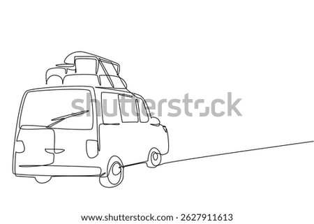 Continuous one line drawing rear view of the car carrying lot of luggage on the roof rack. Overland journey with plenty of supplies. National Road Trip Day. Single line draw design vector illustration