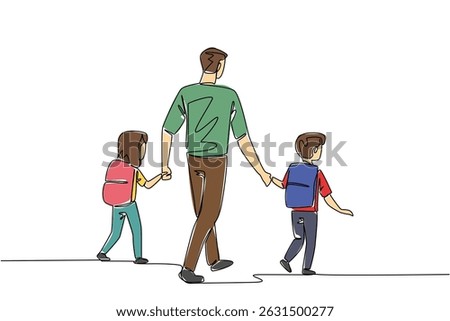 Continuous one line drawing rear view, a father holds son and daughter on his right and left. Walk leisurely to the school gate. Walk Safely To School Day. Single line draw design vector illustration