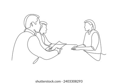 Continuous one line drawing Recruitment or hiring process concept. Doodle vector illustration.