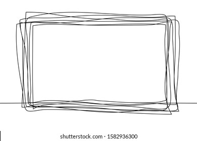 Continuous one line drawing of an rectangular frame in the sketch technique of a constant black outline. Grunge rough shapes imitating a trace of a pencil on a white BG