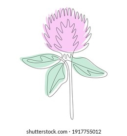 Continuous one line drawing of red clover, vector meadow Trifolium pratense. Minimalistic Doodle style with abstract color shape. Vector illustration