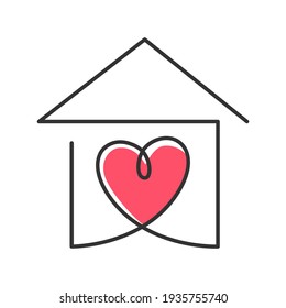 Continuous One Line Drawing Of Red Heart Inside House, Meaning Care And Love In Family.  Vector Illustration