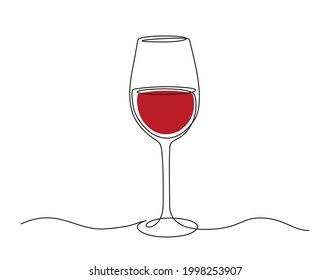 Continuous one line drawing of red Wine glass. Editable stroke Vector illustration