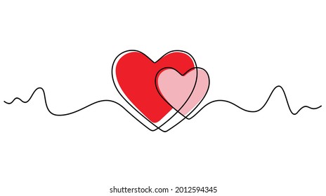 Continuous one line drawing of red and pink heart isolated on white background. Vector illustration
