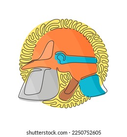 Continuous one line drawing red firefighter helmet with protective glass. Equipment for firefighter or volunteer. Swirl curl circle background style. Single line design vector graphic illustration