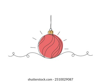 Continuous one line drawing of red christmas ball isolated vector illustration on white background.