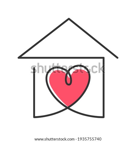 Continuous one line drawing of red heart inside house, meaning care and love in family.  Vector illustration