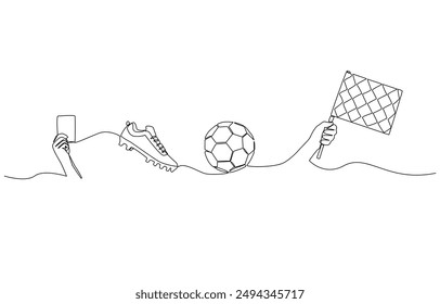 Continuous one line drawing of referee's hand raising red card, football shoes, football, linesman's hand raising offside flag, single line art.