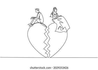 Continuous one line drawing relationship break up, broken heart, couple facing opposite direction. Married couple sitting on big broken heart shape. Single line draw design vector graphic illustration