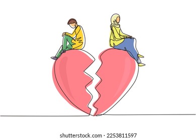Continuous one line drawing relationship break up, broken heart, couple facing opposite direction. Arabian couple sitting on big broken heart shape. Single line draw design vector graphic illustration