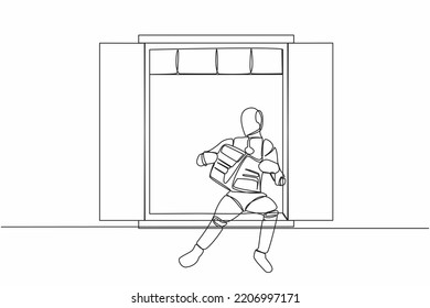 Kontinuierliche Zeichnung eines entspannten Roboters sitzend auf Fensterbrett und liest Zeitung. Gemütlicher Balkon. Der humanoide Roboter-Cybernetikorganismus. Zukünftige Roboter. Vektorgrafik-Vektorgrafik-Illustration mit einer einzelnen Linie