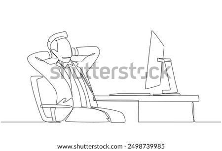 Continuous one line drawing of relaxed businessman sitting in front of computer with hands clasped behind his neck, relax at work concept, single line art.