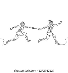 Continuous one line drawing relay race, runner passes the baton. Teamwork concept