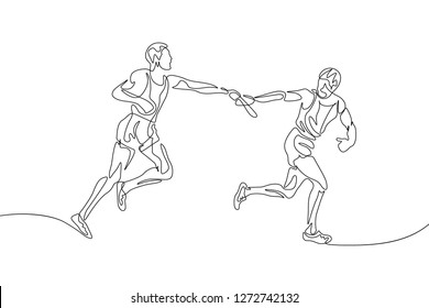 Continuous one line drawing relay race, runner passes the baton. Teamwork concept