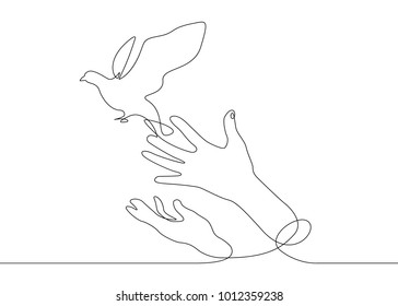 Continuous one line drawing releasing a bird from hand to flight. Concept of the symbol of freedom.