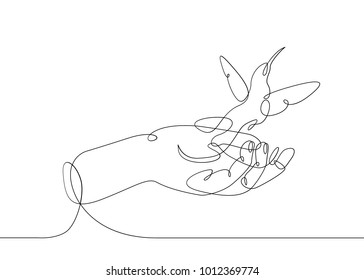Continuous one line drawing releasing a bird from hand to flight. Concept of the symbol of freedom.