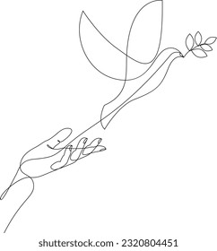 Continuous one line drawing of releasing a dove with olive branch from hand to flight. Peace day concept drawn by single line. Vector illustration.