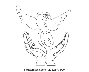 Dibujo continuo de una línea de soltar una paloma con una rama de olivo de mano en vuelo. Concepto del Día de la Paz trazado por una sola línea. Ilustración vectorial.