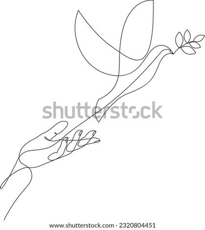 Continuous one line drawing of releasing a dove with olive branch from hand to flight. Peace day concept drawn by single line. Vector illustration.