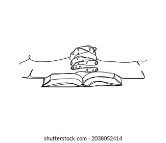 Continuous one line drawing of religious hands praying with Bible in silhouette on a white background. Linear stylized.