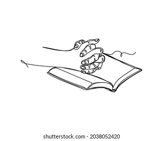 Continuo dibujo de una línea de manos religiosas rezando sobre la Biblia en silueta sobre un fondo blanco. Linear estilizado.