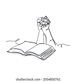 Continuous one line drawing of religious hand praying with bible in silhouette on a white background. Linear stylized.