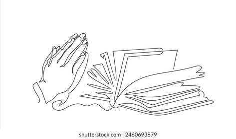 Continuous one line drawing of religious hand praying with bible in silhouette on a white background. Linear stylized.