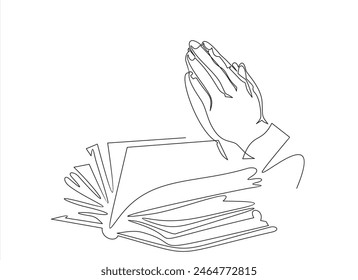 Continuous one line drawing of religious hand praying with bible in silhouette on a white background. Linear stylized.