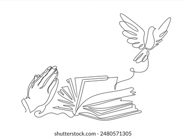 Continuous one line drawing of religious hand praying with bible and fly dove. i Pray for peace. Action for Prayer, Gratitude, Greeting and Thankful Isolated on White Background.