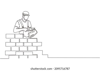 Continuous one line drawing repairman building brick wall. Construction worker in uniform and helmet doing work. Builder concept. Repair work services. Single line design vector graphic illustration