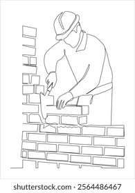 Continuous one line drawing repairman building brick wall, Builder concept. Repair work services.