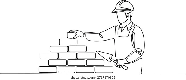 Uma linha contínua desenhando reparador construindo parede de tijolos. Trabalhador de construção em uniforme e capacete fazendo o trabalho. Construtor conceito. uma linha Ícone desenho
