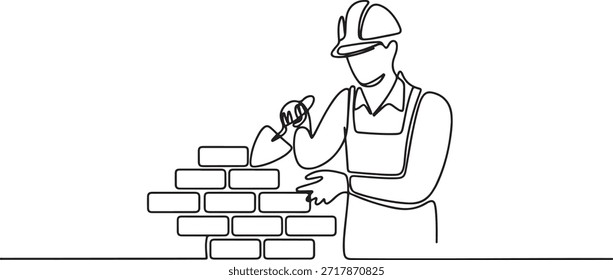 Uma linha contínua desenhando reparador construindo parede de tijolos. Trabalhador de construção em uniforme e capacete fazendo o trabalho. Construtor conceito. uma linha Ícone desenho
