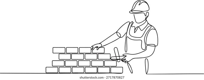 Uma linha contínua desenhando reparador construindo parede de tijolos. Trabalhador de construção em uniforme e capacete fazendo o trabalho. Construtor conceito. uma linha Ícone desenho
