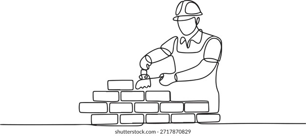 Uma linha contínua desenhando reparador construindo parede de tijolos. Trabalhador de construção em uniforme e capacete fazendo o trabalho. Construtor conceito. uma linha Ícone desenho
