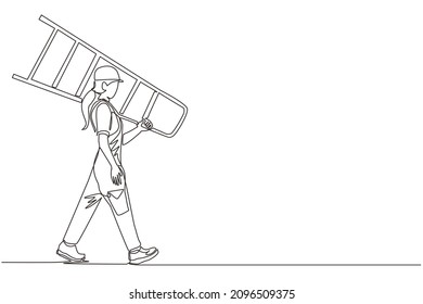 Continuous one line drawing repairwoman with ladder. Handywoman working on call. Carpenter handle activity on renovation home. Hard laborer job. Painter worker handywoman. Single line design vector