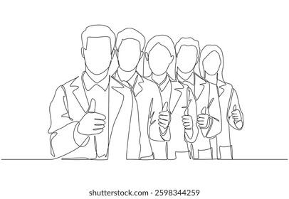 Continuous one line drawing of researchers standing in line giving thumbs up gesture, scientific operational research team concept, single line art