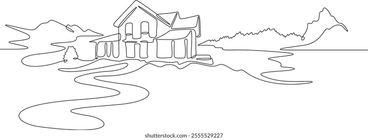 Continuous one line drawing  residential country house. House against the backdrop of nature. Landscape design of a house in the suburbs..One continuous line isolated minimal illustration.Not AI.