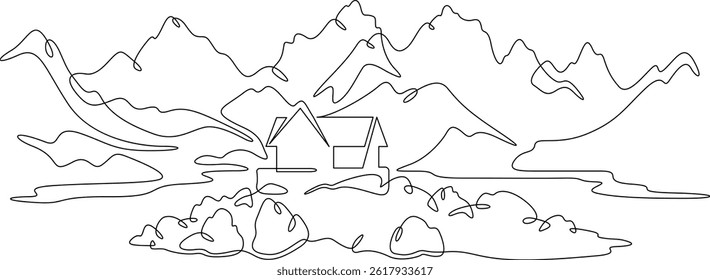 Continuous one line drawing residential house on the shore of a mountain lake. Mountain landscape. House on the lake.
One continuous line isolated minimal illustration.Not AI.