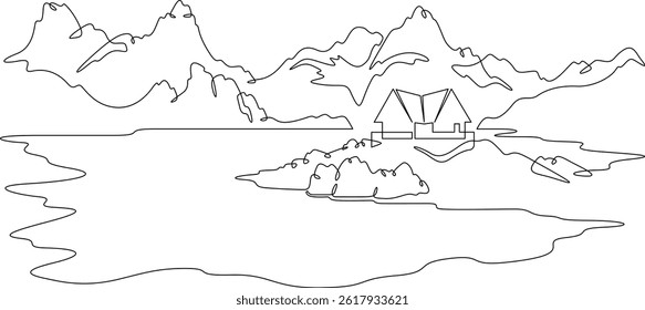 Continuous one line drawing residential house on the shore of a mountain lake. Mountain landscape. House on the lake.
One continuous line isolated minimal illustration.Not AI.